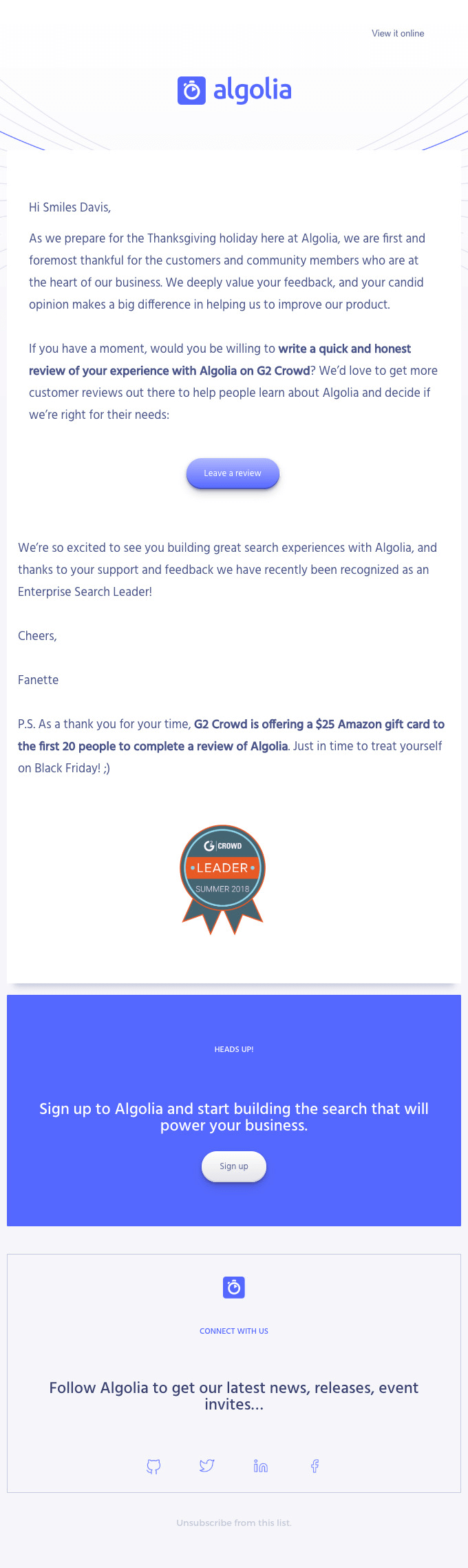 A survey email example by Algolia 