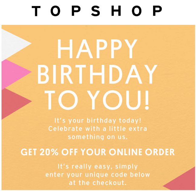 Birthday email drip campaign example by Topshop