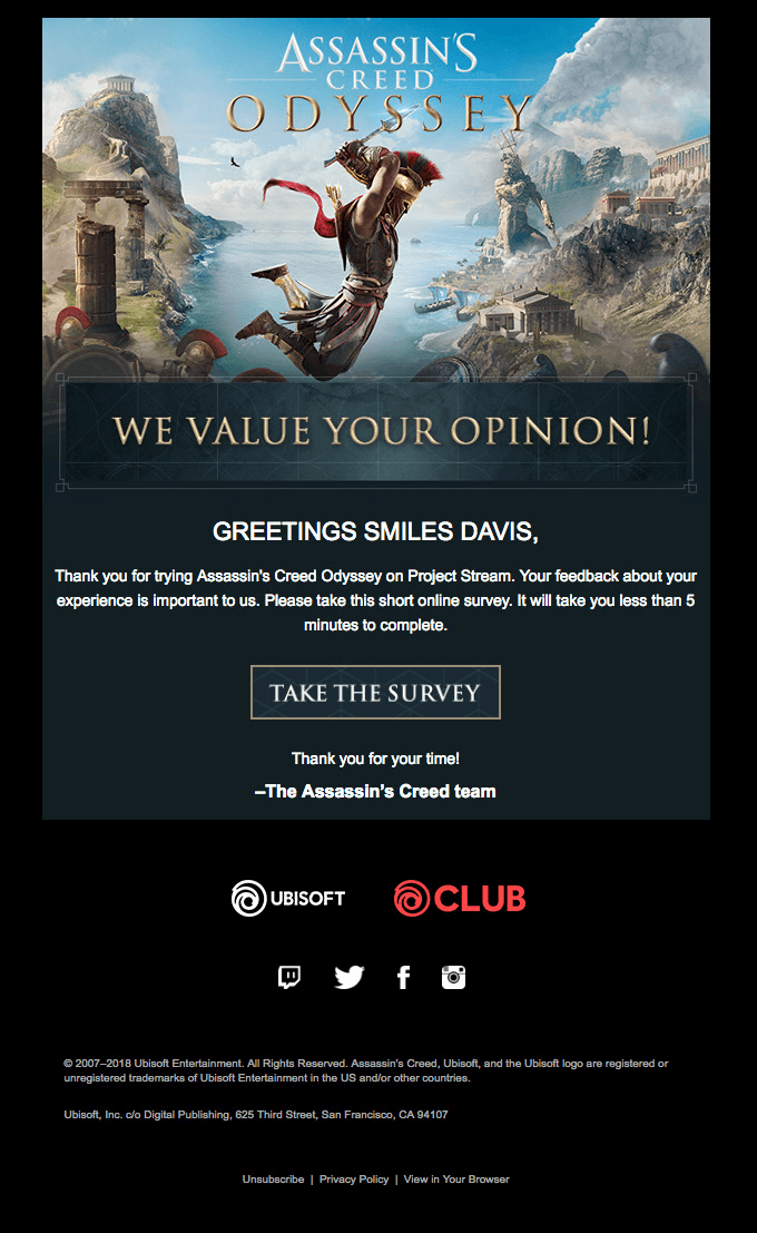 A survey email newsletter by Ubisoft